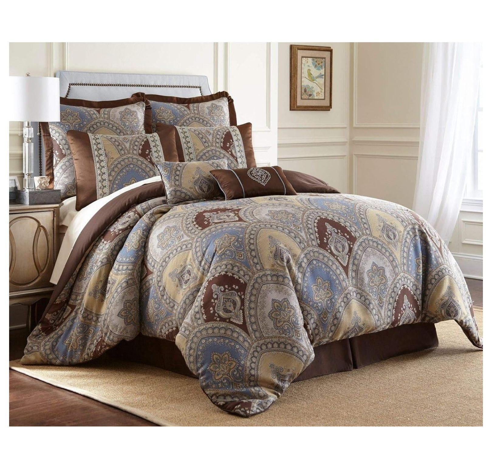 8Piece Oversized California King Bedding Set Medallion Floral Jacquard Comforter Set