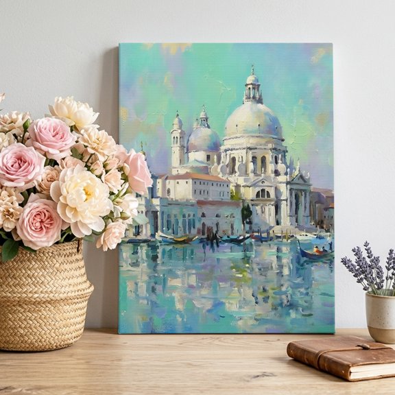 Venetian Cathedral Canvas Wall Art, Vintage Classic Green Gray Grand Canal City Framed Canvas Wall Decor Picture Print Artwork Decorations for Living Room Office Ready to Hang 10" x 8"