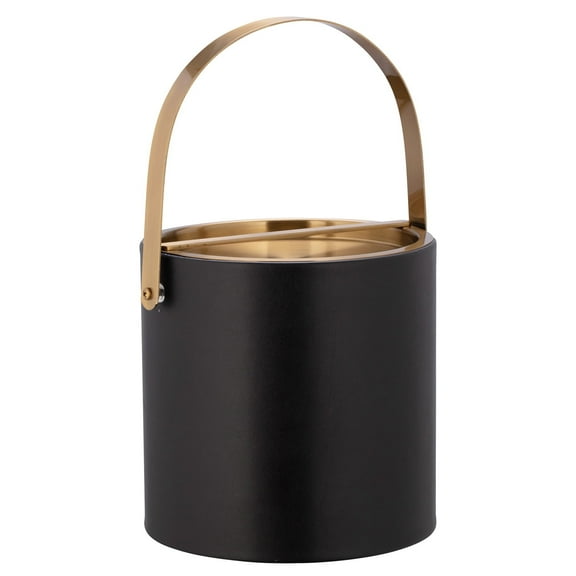Venetian Collection 3qt Ice Bucket With Brushed Gold Colored Arch Handle & Bridge Cover: Black With Leatherette Wrapped Covering. Made By Kraftware In The USA