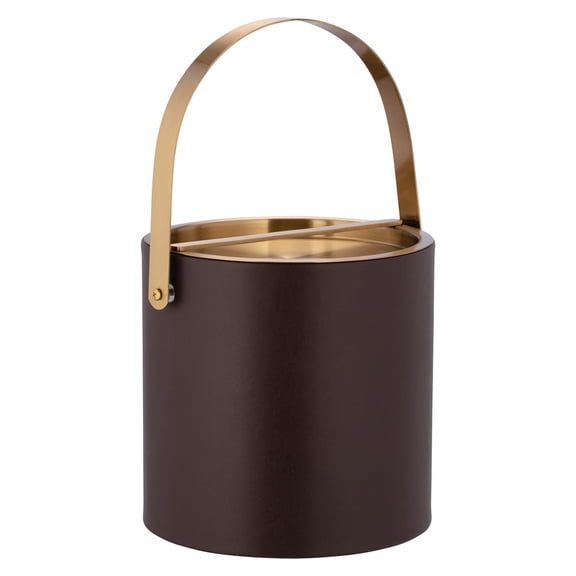 Venetian Collection 3qt Ice Bucket with Brushed Gold Colored Arch Handle & Bridge Cover: Brown w Leatherette Wrapped Covering. Made by Kraftware in the USA.