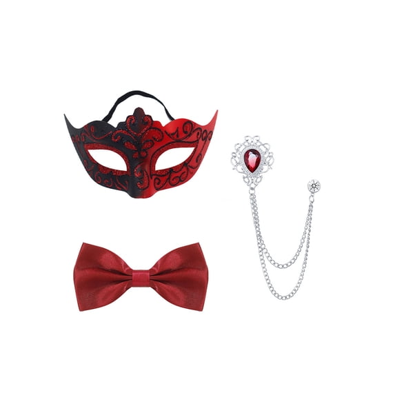 Venetian Mask, Men Masquerade Costume Set, Venetian Half‑Eye Mask With Matching Bow Tie and Hanging Chain Brooch, Complete Dress‑Up Kit for Prom, Carnival, Halloween, Formal Masquerade Ball for Adult
