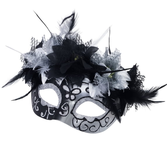Venetian Mask, Venetian Feather Flower Masquerade Mask, Vintage Lace Floral Half‑Eye Costume Mask With Feather Embellishment, Adjustable Party Mask for Mardi Gras, Halloween, Prom & Dress‑Up Events