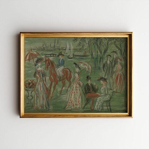 Venetian Promenade Vintage Canal Garden Wall Art Print, Soft Green Old World Decor