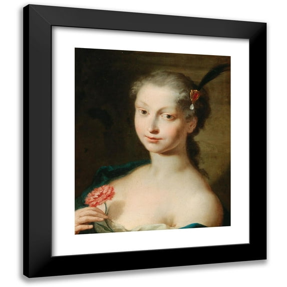Venetian School 12x14 Black Modern Framed Museum Art Print Titled - A Portrait of an Elegant Lady with a Carnation (18th Century)