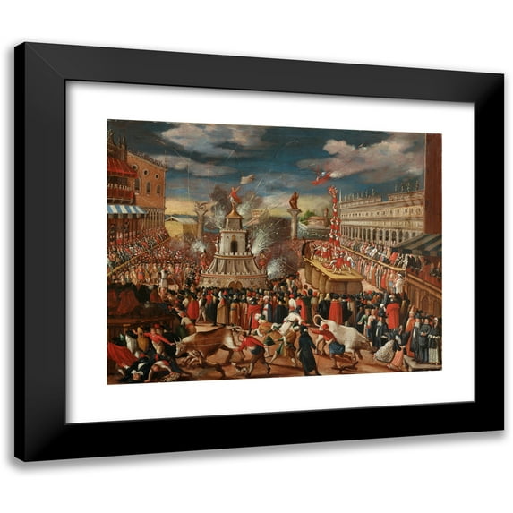 Venetian School 18x15 Black Modern Framed Museum Art Print Titled - The Thursday Grasso Festival with the Forces of Hercules in the Piazetta, Venice