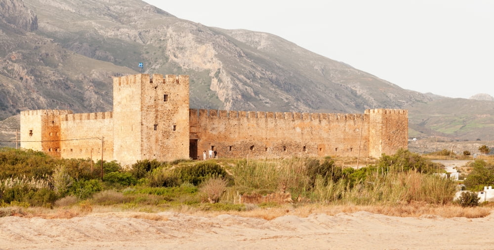 Venetian castle in front of Lefka Ori mountains Frangokastello Chania Crete Greece Canvas Art - Panoramic Images (12 x 36)