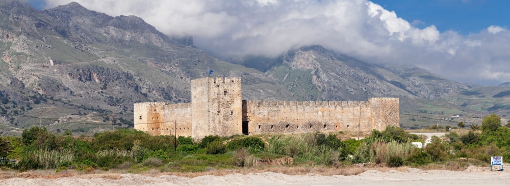 Venetian castle in front of Lefka Ori mountains Frangokastello Chania Crete Greece Canvas Art - Panoramic Images (36 x 12)