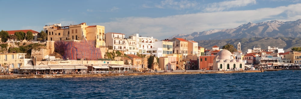 Venetian port and Turkish Mosque Hassan Pascha in front of Lefka Ori mountains Chania Crete Greece Canvas Art - Panoramic Images (36 x 12)