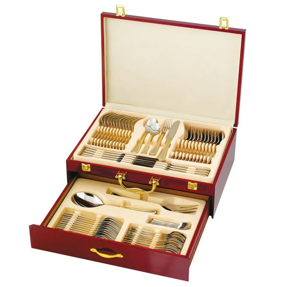 Venezia Collection 75-Pc Luxury Gold Flatware Set for 12 w/Wooden Storage Case, 24 kt Plated Premium Dining Cutlery Service, 18/10 Surgical Stainless Steel Silverware Hostess Serving Set in a Chest