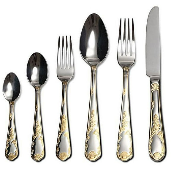 Venezia Collection 75-Piece Fine Flatware Set, Silverware Cutlery Dining Service for 12, Premium 18/10 Surgical Stainless Steel, 24K Gold-Plated Hostess Serving Set (Hampton)