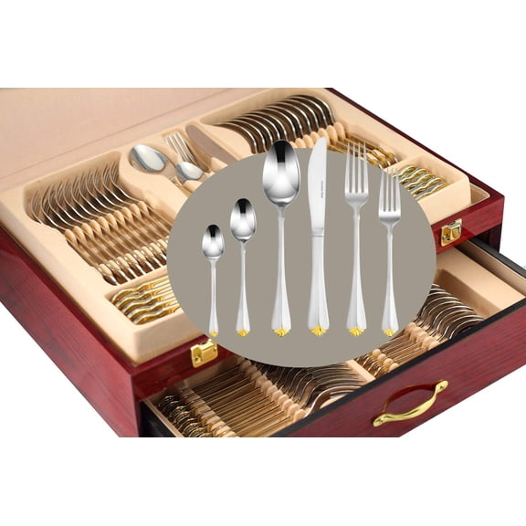 Venezia Collection Gold Flatware Serving Set for 12, 75-Pc Luxury Dining Silverware Cutlery Service, 24 Kt 18/10 Premium Surgical Stainless Steel Hostess Set in a Wooden Storage Case Chest