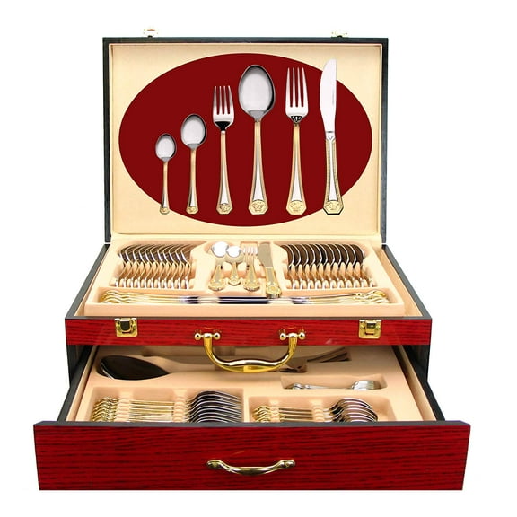 Venezia Collection 'Greek Medusa' 75-pc Luxury Flatware Set, Dining Silverware Cutlery Service for 12, Premium 18/10 Surgical Stainless Steel, 24K Gold-Plated Hostess Serving Set, Wood Storage Chest