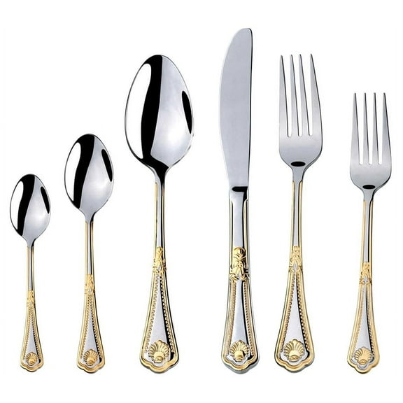 Venezia Collection"Seashell" 75-Piece Fine Flatware Set, Silverware Cutlery Dining Service for 12, Premium 18/10 Surgical Stainless Steel, 24K Gold-Plated Hostess Serving Set