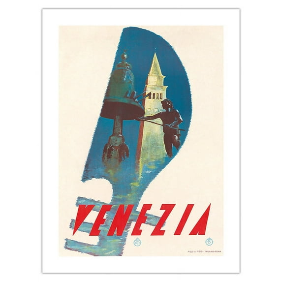 Venezia (Venice) Italy - Gondola Tail San Marco Piazza in background - Vintage Travel Poster c.1949 - Bamboo Fine Art 290gsm Paper Print (Unframed) 18x24in