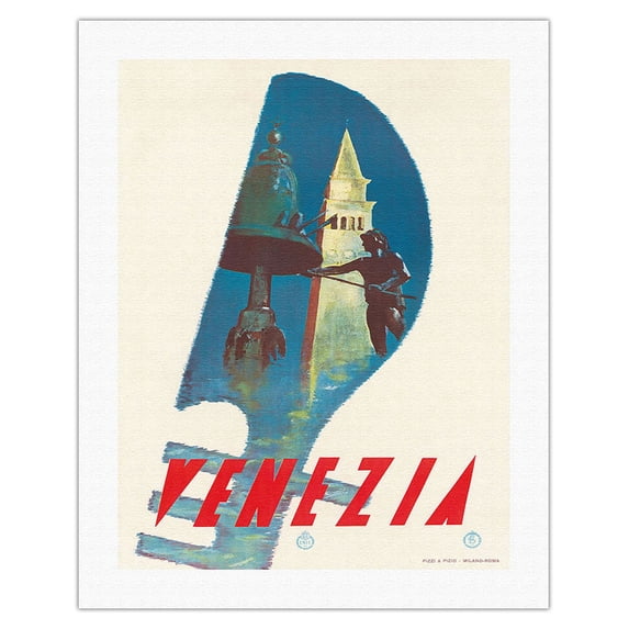 Venezia (Venice) Italy - Gondola Tail San Marco Piazza in background - Vintage Travel Poster c.1949 - Fine Art Rolled Canvas Print 20in x 26in