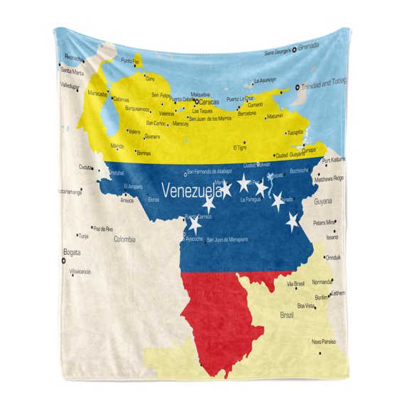 Venezuela Soft Flannel Fleece Throw Blanket, Colorful and Detailed Map Illustration Country Names and Regions Flag Colors, Cozy Plush for Indoor and Outdoor Use, 50" x 60", Multicolor, by Ambesonne
