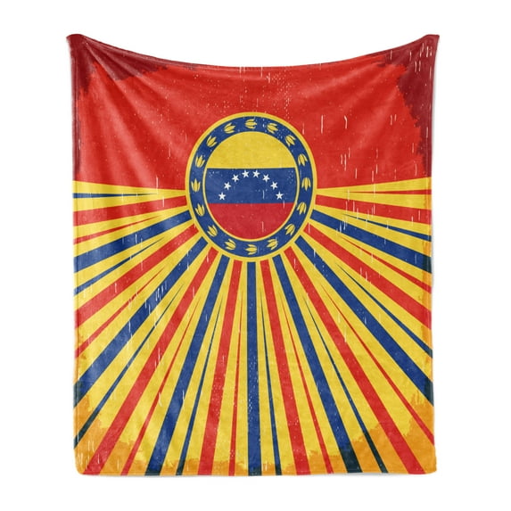 Venezuela Soft Flannel Fleece Throw Blanket, Vintage Old Design Poster Flag Layout in Vibrant Tones, Cozy Plush for Indoor and Outdoor Use, 50" x 60", Vermilion Dark Lavender, by Ambesonne