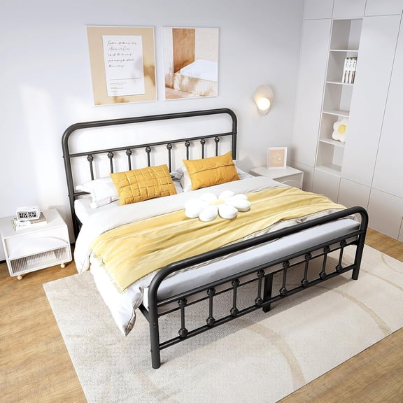 Vengarus 14-Inch King Bed Frame – Classic Metal Platform with Headboard and Footboard, Under Bed Storage, Mattress Foundation, No Box Spring Needed, Black