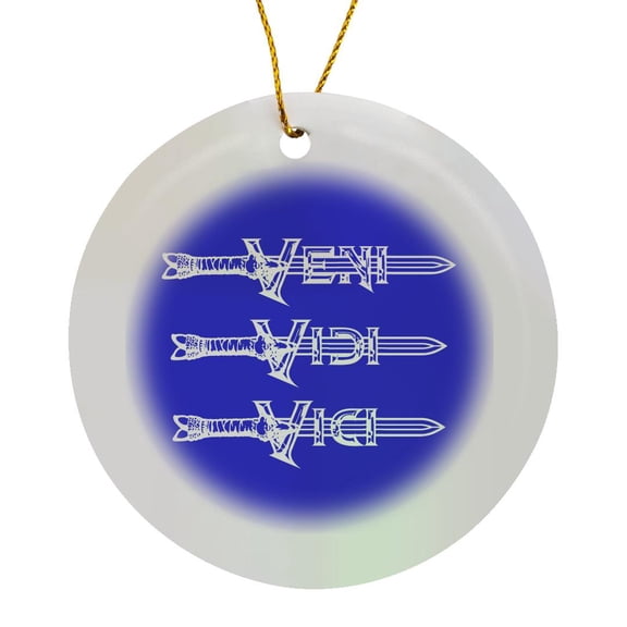 3drose, Veni Vidi Vici Text. Medieval Sword, Beaded Letters on Blue, Circle Porcelain Ornament