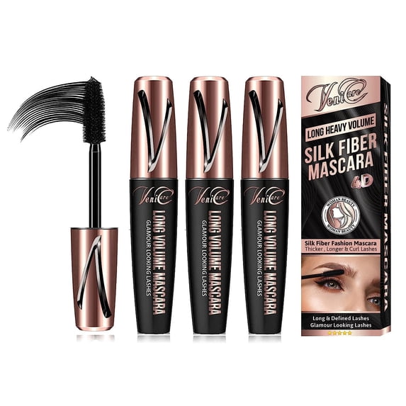 Venicare 4D Silk Fiber Lash Mascara, Lengthening and Thick, Volume, Long Lasting, Smudge-Proof, All Day Full, Long, Thick, Smudge-Proof Eyelashes 3 Pack