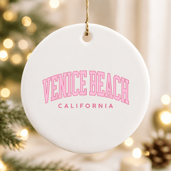 Venice Beach California Retro Preppy Throwback Pink Christmas Ornament, Holiday Keepsake Gift, Ceramic Ornament