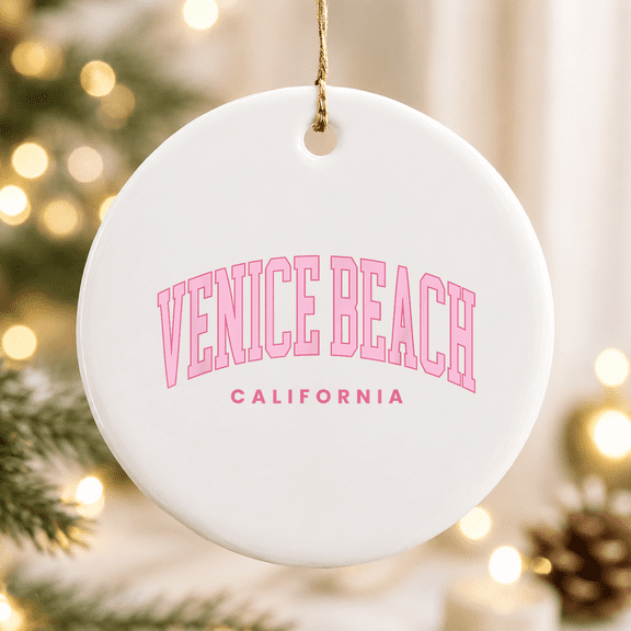 Venice Beach California Retro Preppy Throwback Pink Text Christmas Ornament, Holiday Keepsake Gift, Ceramic Ornament