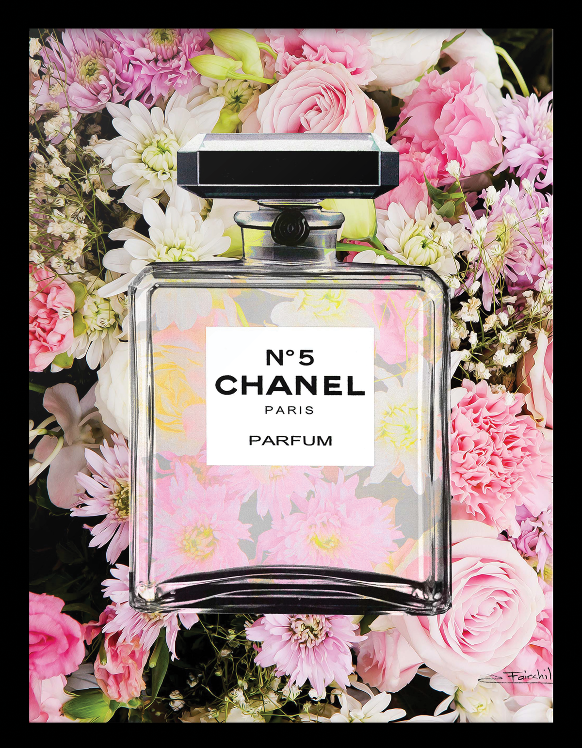 Venice Beach Collection's Fashion Glam Perfume Bottle Floating in Floral 14x18 Framed Print