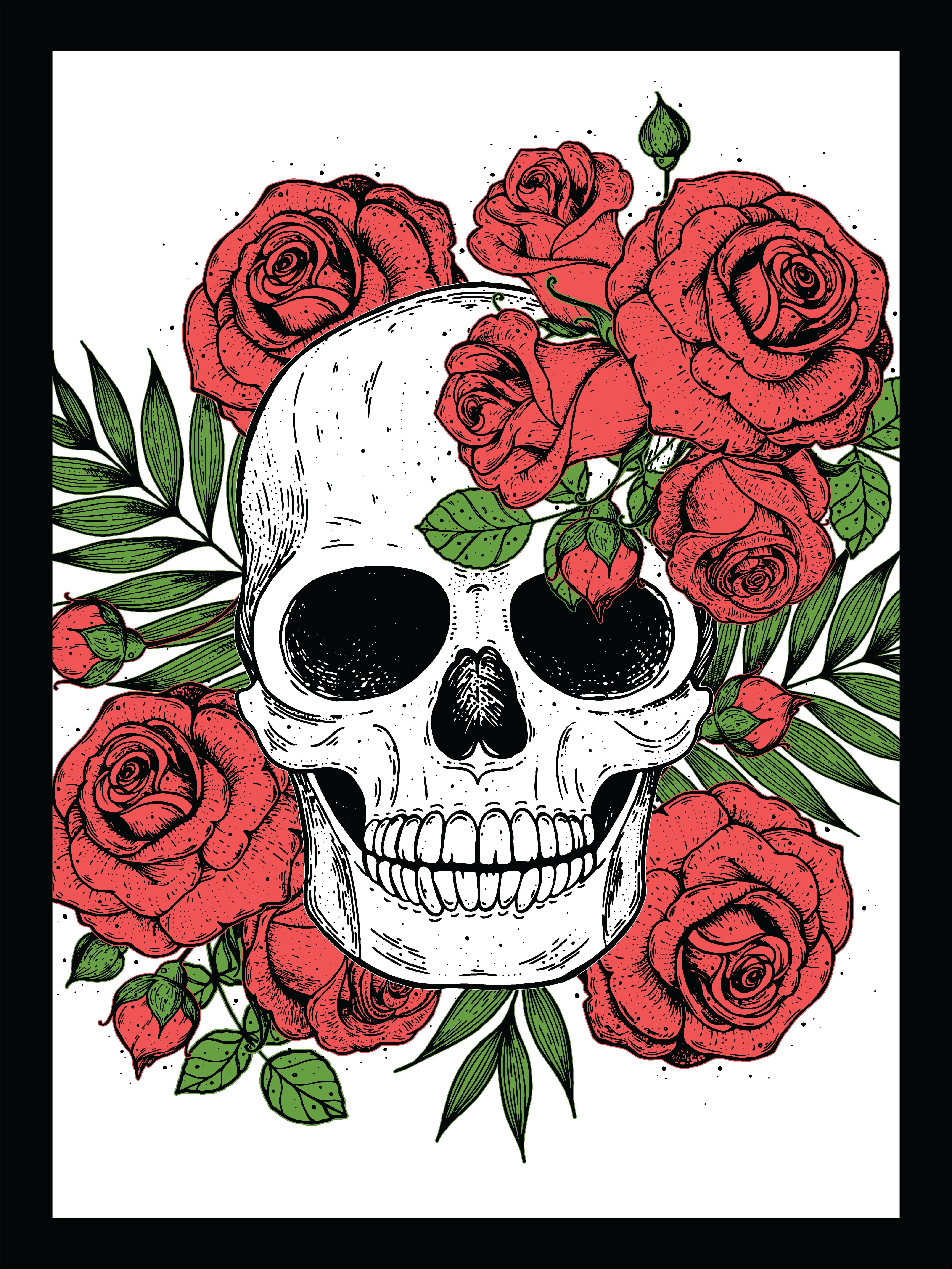 Venice Beach Collection's Skull with Roses Line Art 14x18 Framed Print