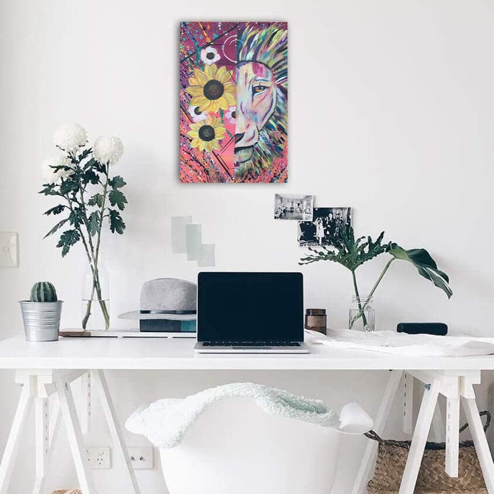 Lion Flower Splatter Design by Artist Sarah Wahl - 14"x14" Canvas Artwork 16 x 20
