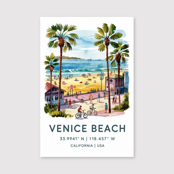 Venice Beach Watercolor Canvas Venice Beach Travel Print Canvas California Wall Art Coastal Painting Venice Souvenir Decor-1WN5227