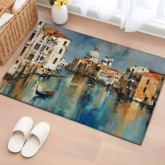 Venice Canal 2'x3' Rug for Entryway Front Door Kitchen Sink Area, Gondola European Romantic Impressionist Low Pile Washable Non Slip Rectangle Area Rug
