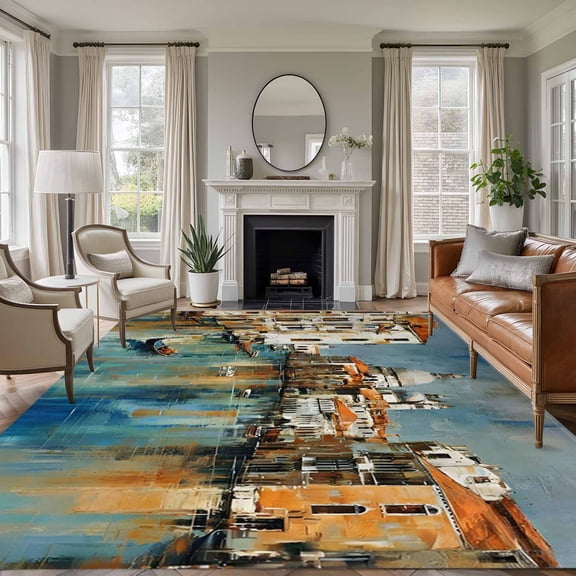 Venice Canal 5'x8' Rug for Bedroom Under Queen Bed Placement, Gondola European Romantic Impressionist Washable Non Slip Large Rectangle Area Rug