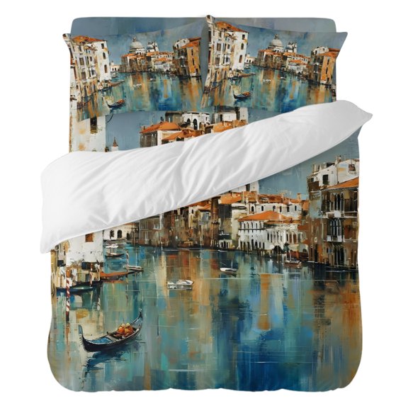 Venice Canal Bedding Duvet Cover Set Queen Size 4 Pieces, Gondola European Romantic Impressionist Bedding Set with Zipper Closure, 1 Comforter Cover 90x90 Inches 1 Flat Sheet & 2 Pillow Cases