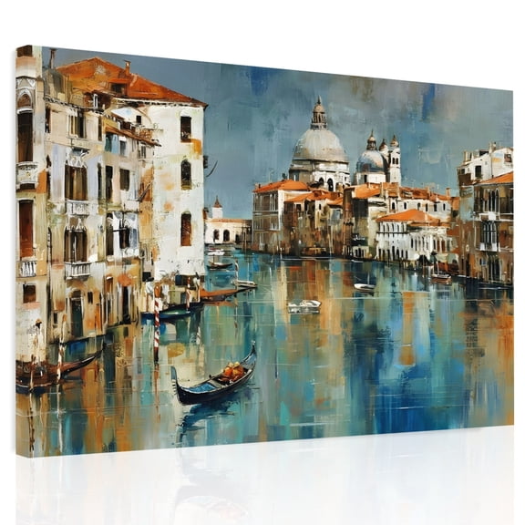 Venice Canal Canvas Print Wall Art, Gondola European Romantic Impressionist Wall Decor Modern Artwork Paintings Pictures for Living Room Framed and Stretched Ready to Hang 24" x 32"