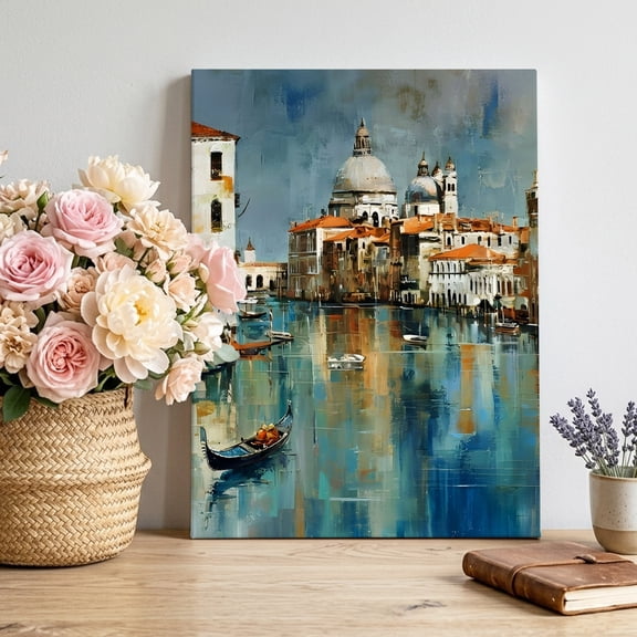 Venice Canal Canvas Wall Art, Gondola European Romantic Impressionist Framed Canvas Wall Decor Picture Print Artwork Decorations for Living Room Office Ready to Hang 12" x 8"
