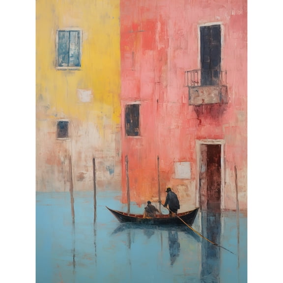 Venice Canal Gondola Ride Oil Painting Blue Pink Yellow Pastel Colour Rower Boat on River Unframed Wall Art Print Poster Home Decor Premium