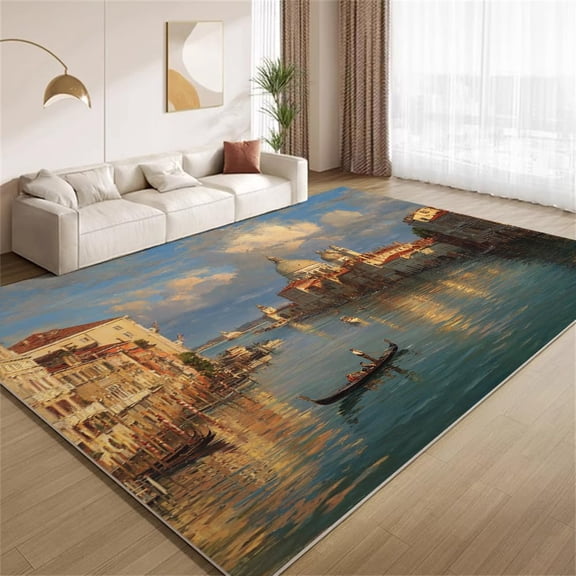 Venice City Area Rugs, Italian Canal Gondola Pattern Carpet, Washable Non Slip Low Pile Soft Rug for Living Room Bedroom Decor Mat 5x8ft