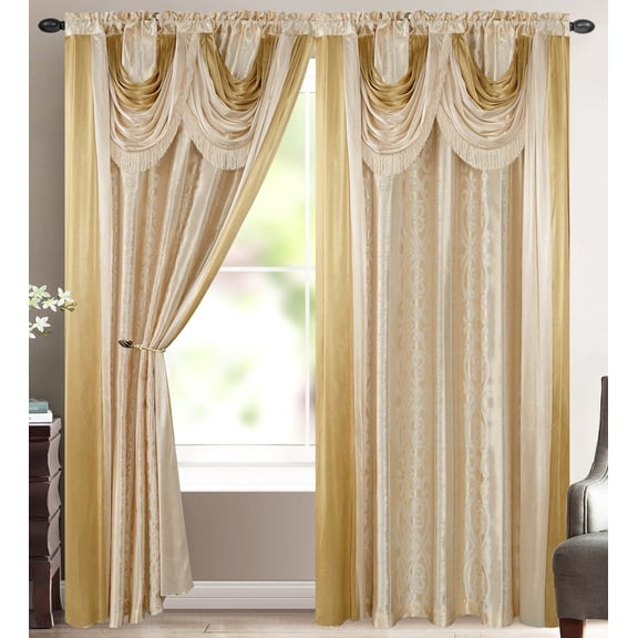 Venice Collection Elena Luxury Jacquard Curtain Panel with Attached Waterfall Valance & Scarf, Beige, 54x84 inc