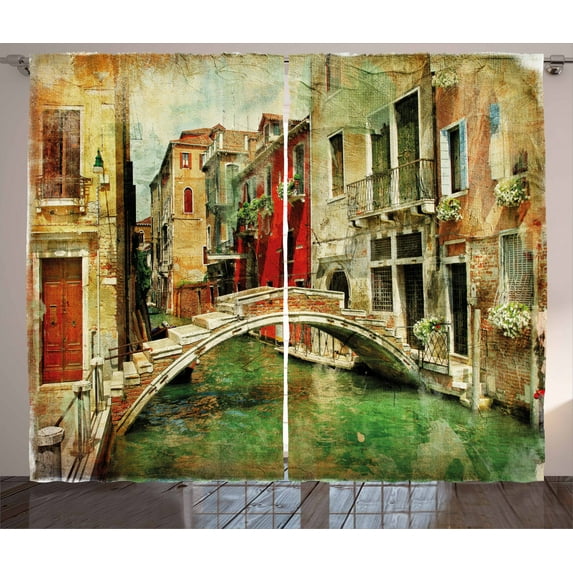 Ambesonne Venice Curtains 2 Panel Set, Historic Landscape Art, 108" x 90", Green Red Pale Brown