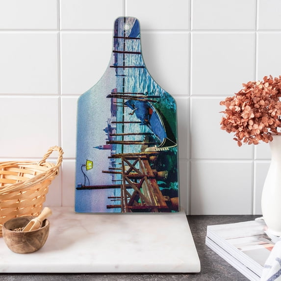 Venice Cutting Board, Dreamy Evening View of Famous Italian City Architecture Water and Gondolas, Tempered Glass Cutting and Serving Board, Wine Bottle Shape, Lilac Blue Brown, by Ambesonne