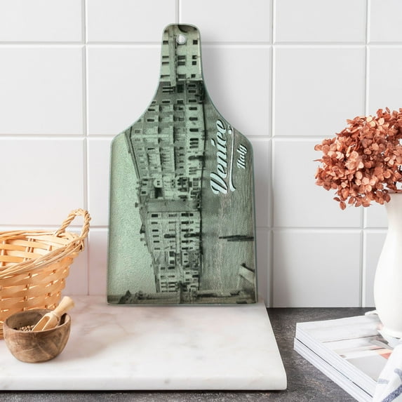 Venice Cutting Board, Old Photo of Venice Italian City Vintage Filter Effect and Lettering History Memory, Tempered Glass Cutting and Serving Board, Wine Bottle Shape, Eggshell, by Ambesonne