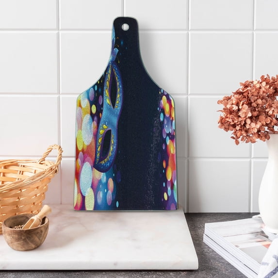 Venice Cutting Board, Vivid Blue Carnival with Ornate Flower and Colorful Dots Masquerade Tradition, Decorative Tempered Glass Cutting and Serving Board, Wine Bottle Shape, Multicolor, by Ambesonne