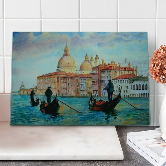 Venice Cutting Board, Watercolor Painting of Venice Serene Cityscape Antique Gondolas Scenic, Decorative Tempered Glass Cutting and Serving Board, Large Size, Peach Pale Blue Red, by Ambesonne