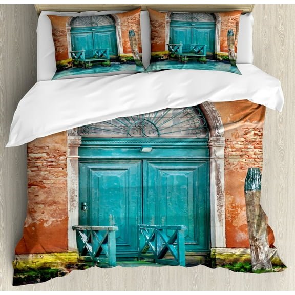 Venice Duvet Cover Set, Building with Antique Door Entrance City on Water Historical Urban, Decorative 3 Piece Bedding Set with 2 Pillow Shams, Calking Size, Cinnamon Sky Blue, by Ambesonne