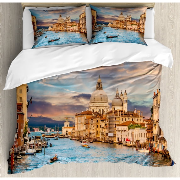 Venice Duvet Cover Set, Gondola on Famous Canal Grande with Water View in the Evening Italian City, Decorative 3 Piece Bedding Set with 2 Pillow Shams, King Size, Sky Blue Champagne, by Ambesonne