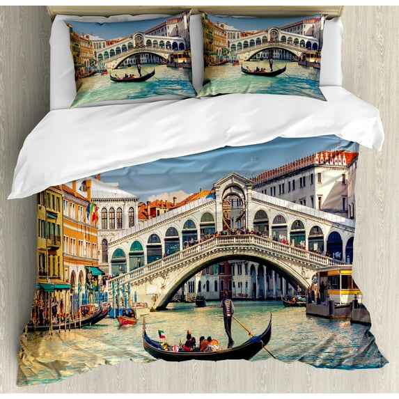 Venice Duvet Cover Set King Size, Cityscape on a Sunny Day with Rialto Bridge Venetian Grand Canal Travel Destination, Decorative 3 Piece Bedding Set with 2 Pillow Shams, Multicolor, by Ambesonne