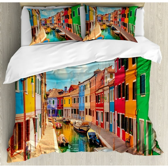 Venice Duvet Cover Set King Size, Colorful Buildings and Water Canal with Boats Burano Island in the Venetian Lagoon, Decorative 3 Piece Bedding Set with 2 Pillow Shams, Multicolor, by Ambesonne