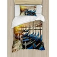 thumbnail image 1 of Venice Duvet Cover Set, Line of Traditional Gondolas on the Water Calm Peaceful Seascape with Rising Sun, Decorative 2 Piece Bedding Set with 1 Pillow Shams, Twin Size, Blue Yellow, by Ambesonne, 1 of 3