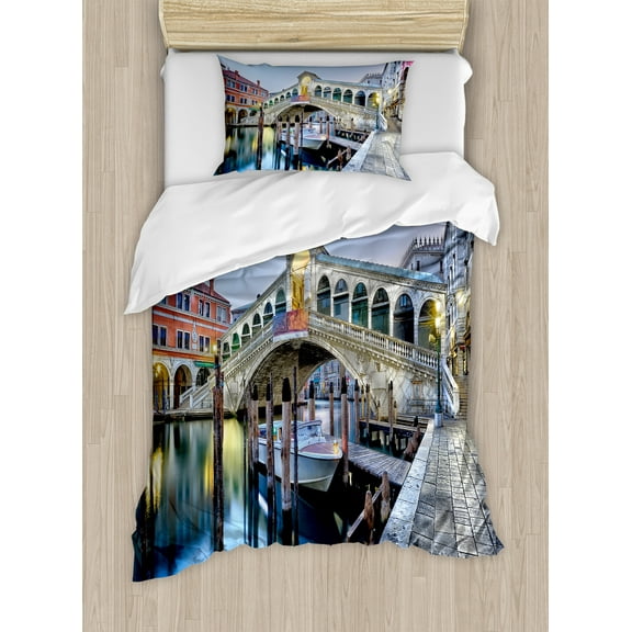 Venice Duvet Cover Set, Morning Twilight Grand Canal Rialto Bridge Water Reflection Scenic Urban, Decorative 2 Piece Bedding Set with 1 Pillow Shams, Twin Size, Grey Blue Cinnamon, by Ambesonne