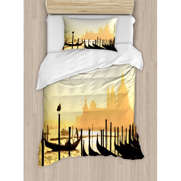Venice Duvet Cover Set, Romantic Italian City at Sunrise Line of Gondolas Lagoon and Silhouette Image, Decorative 2 Piece Bedding Set with 1 Pillow Shams, Twin Size, Mustard and Black, by Ambesonne
